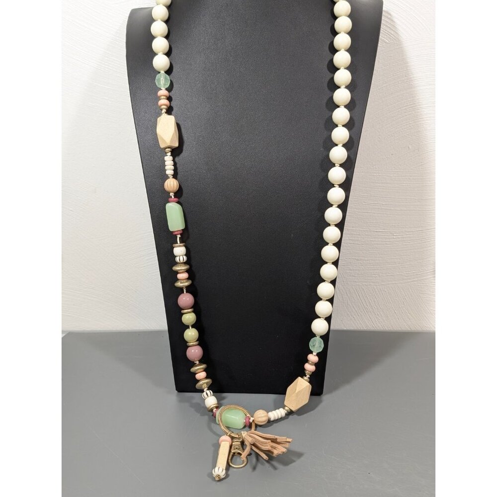 Plunder Boho Beaded Tassel‎ ID Badge Holder Cream Green Long Necklace 38 in